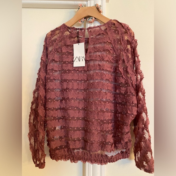 Zara ruffled sheer, pink/mauve long sleeve blouse boho-size L, NWT Easter color - Picture 3 of 10